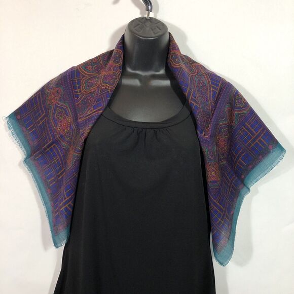 Vintage 30" Square Scarf Purple Plaid Green Paisley, Challis By Berkshire Japan - Picture 5 of 8